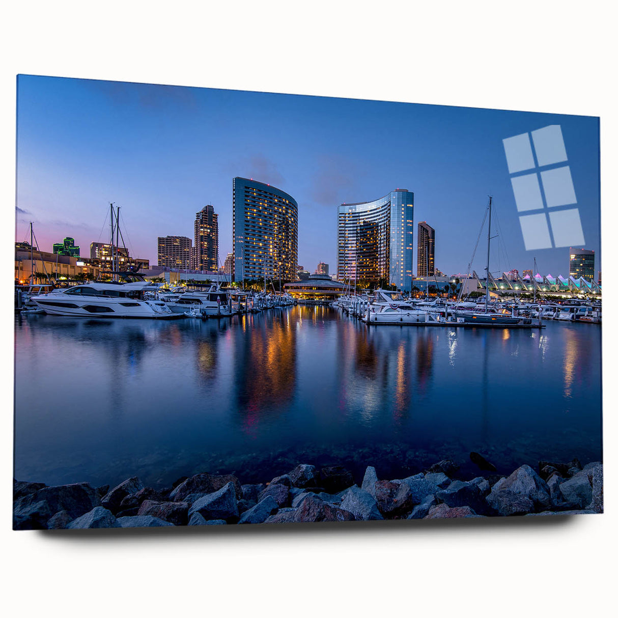 Acrylic print of a large abstract depiction of San Diego in muted blue and green tones, ideal for bedroom or dining room art.