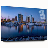 Acrylic print of a large abstract depiction of San Diego in muted blue and green tones, ideal for bedroom or dining room art.