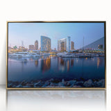 Acrylic print of San Diego skyline in muted gold tones, framed, ideal for modern art wall decor.