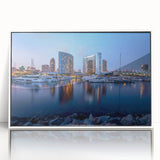 Acrylic print of San Diego skyline in art deco style, framed in white, suitable for modern nursery decor.