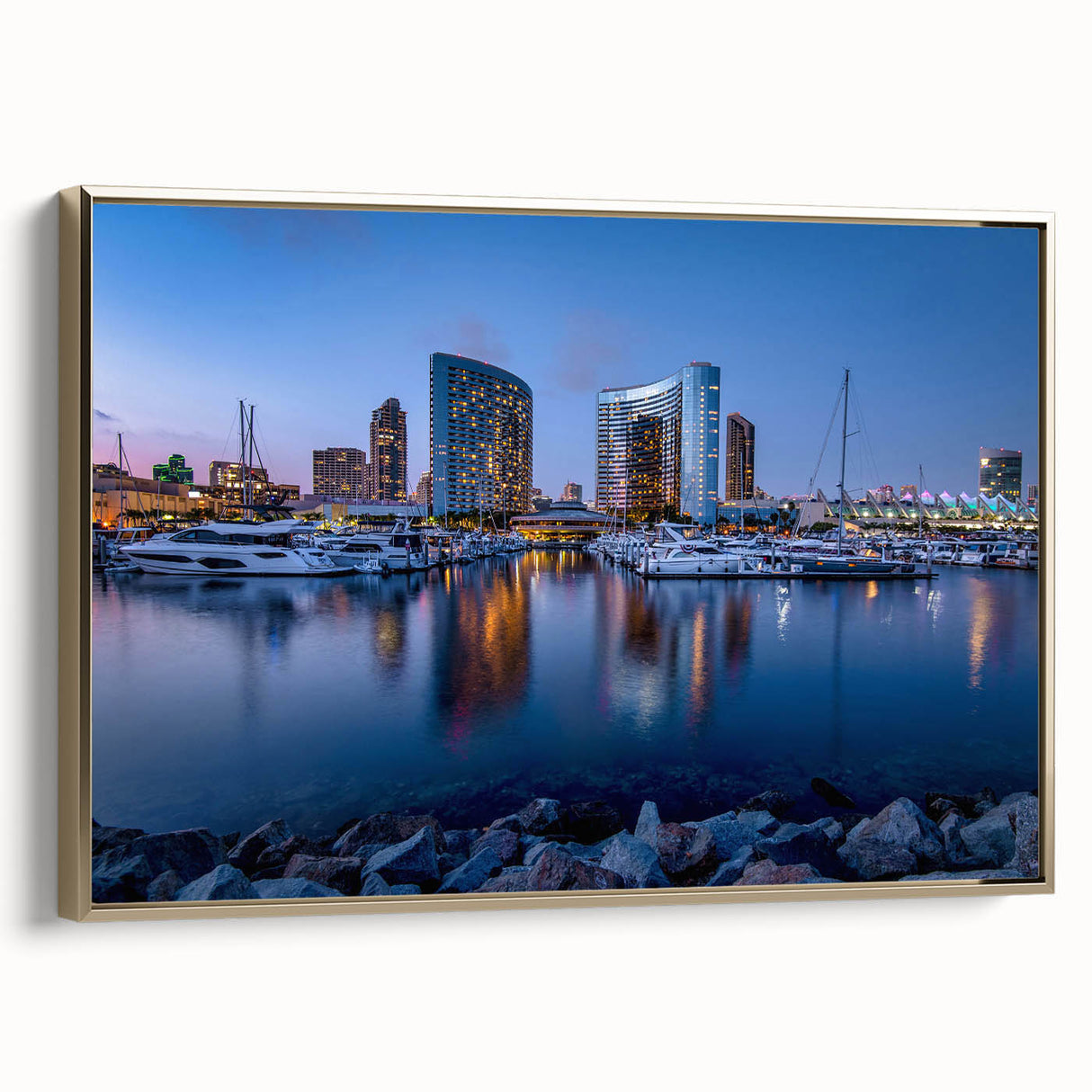 Framed canvas of San Diego landscape in vintage poster style, featuring black and gold tones, ideal for bedroom wall art.
