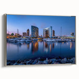 Framed canvas landscape art painting of San Diego with vibrant colorful details on a black background.