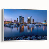 Vintage poster art of San Diego scenery in vibrant colors on framed canvas, ideal for living room decor.