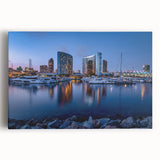 Black and white large art print of San Diego skyline on stretched canvas, ideal for kitchen wall art.