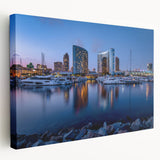 San Diego cityscape on large stretched canvas, featuring vibrant sunset hues, ideal for kitchen wall art.