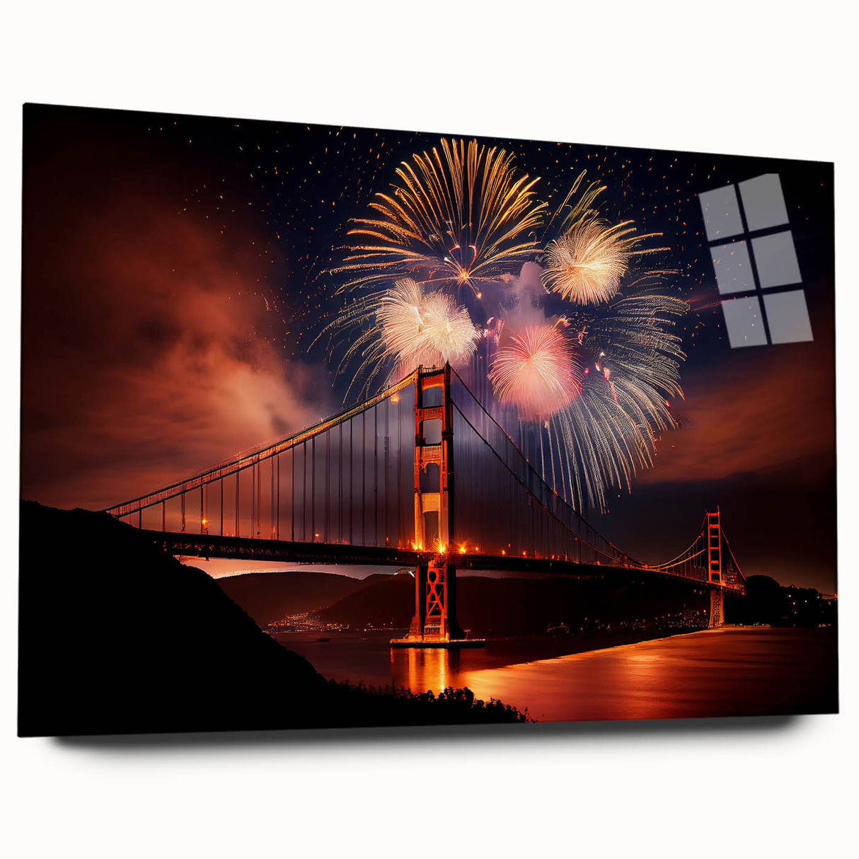 Acrylic print of San Francisco skyline in muted blues and grays, suitable for bedroom or dining room decor.