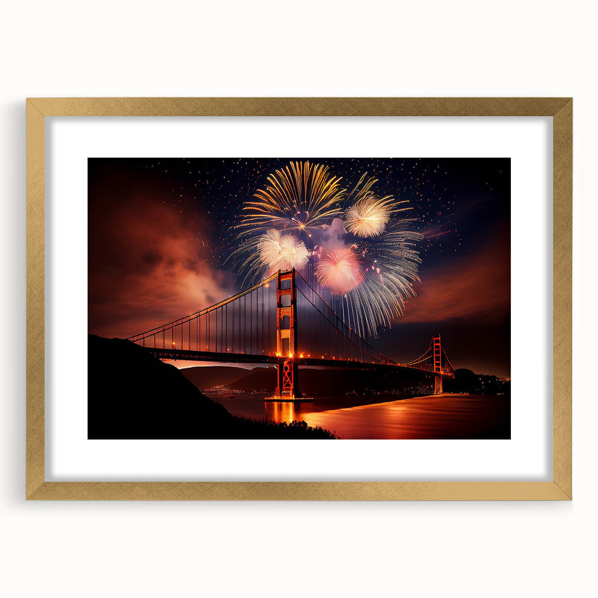 Extra large abstract art print of San Francisco skyline in gold frame, featuring textured design in muted colors.