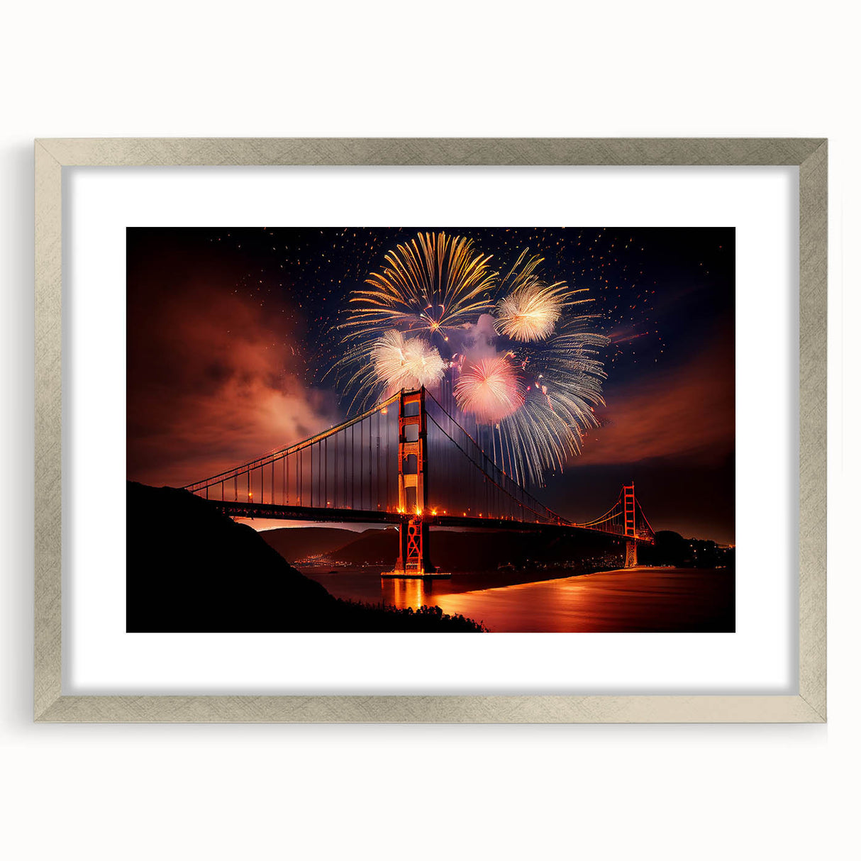 Textured abstract art print of San Francisco skyline in muted gray tones on a framed silver mat, ideal for bedroom art.