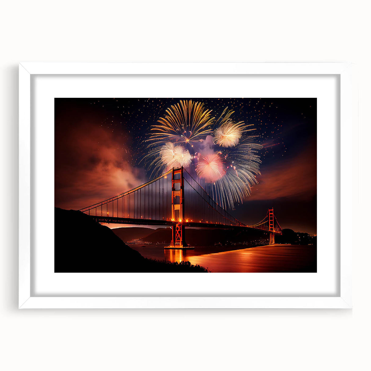 Abstract art print of San Francisco skyline in muted gray and blue tones on a framed white mat.