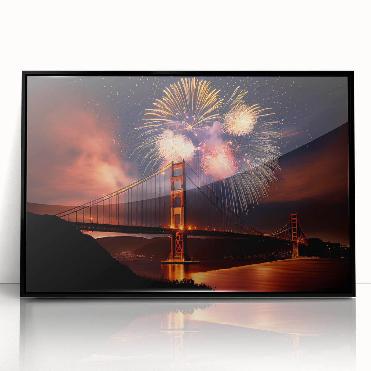 Large abstract wall art depicting San Francisco's skyline in muted gray and blue tones, framed in black acrylic.
