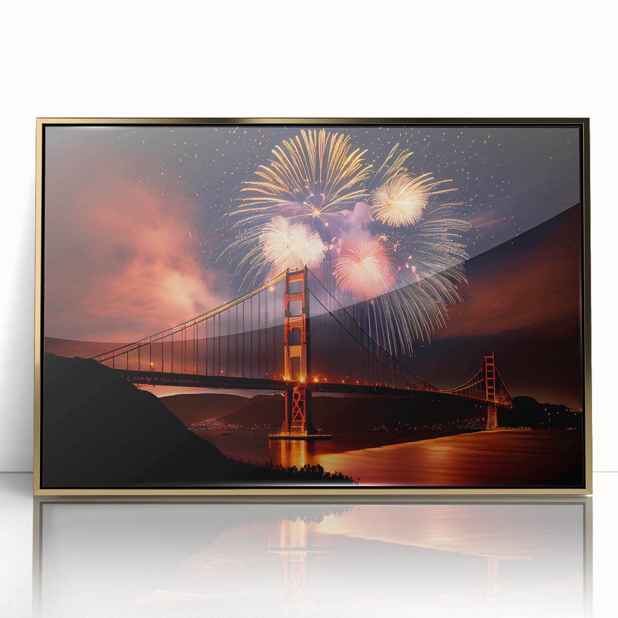 Large acrylic print of San Francisco scenery in golden hues, framed, ideal for modern art wall decor.