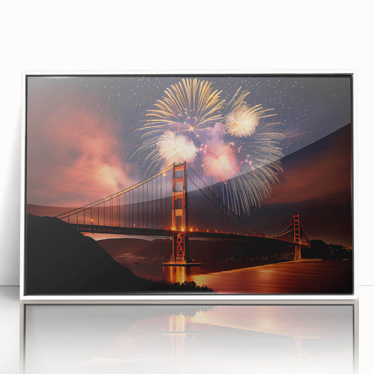 Art Deco style San Francisco skyline depicted in muted tones on a framed acrylic, ideal for modern art wall decor.