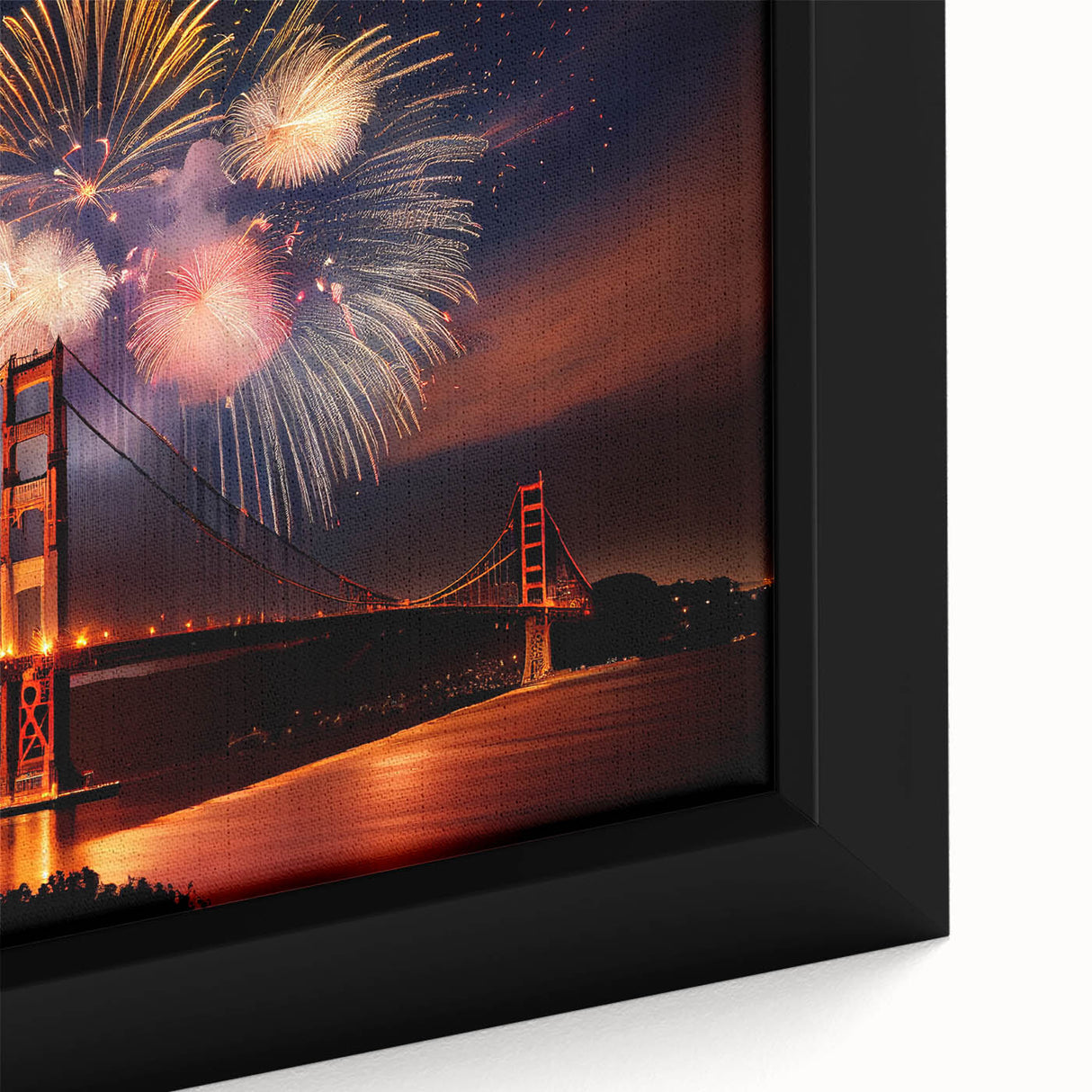 Extra large framed canvas featuring a textured depiction of the San Francisco skyline in black with colorful accents.