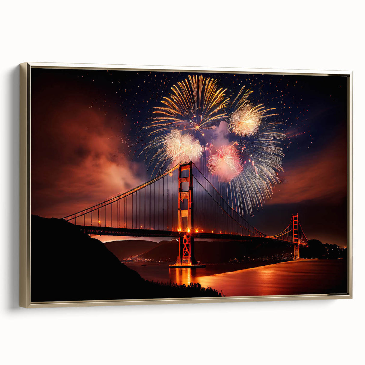 Framed canvas of a vintage San Francisco landscape in black and gold tones, ideal for bedroom wall art.