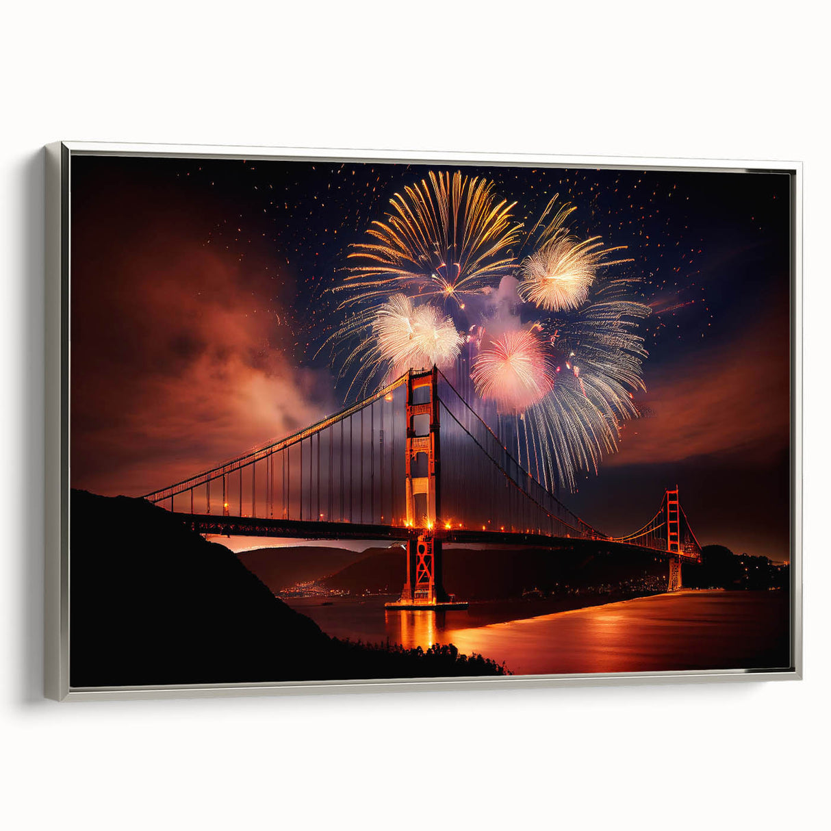 Framed canvas featuring a vintage-style landscape art painting of San Francisco in colorful tones.