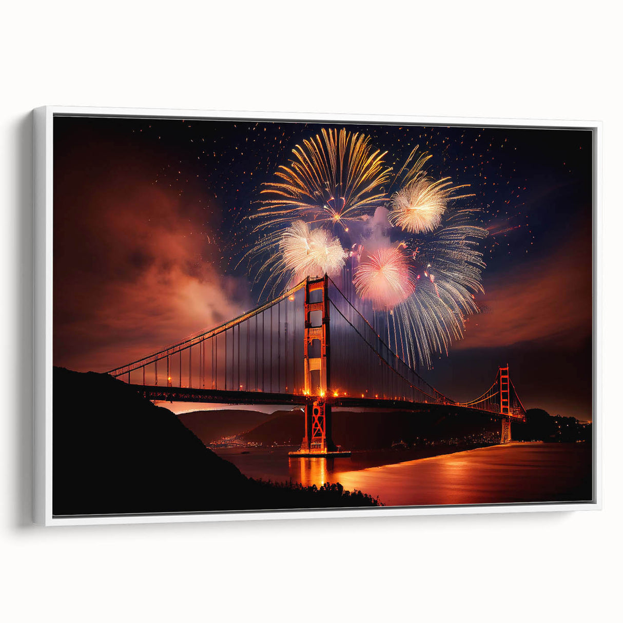 Vintage poster art of San Francisco skyline in colorful hues on extra large framed canvas, suitable for living room.