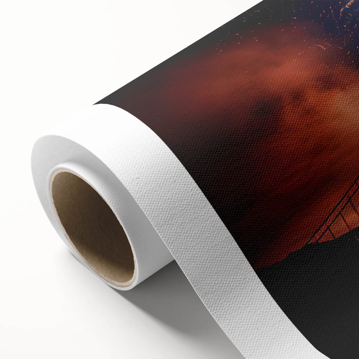Art deco poster of San Francisco skyline in muted gold and blue hues on rolled canvas.
