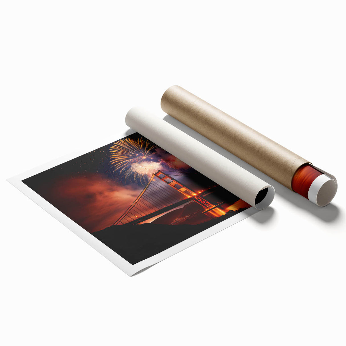 Rolled print of San Francisco scenery with floral accents in soft pastel colors.