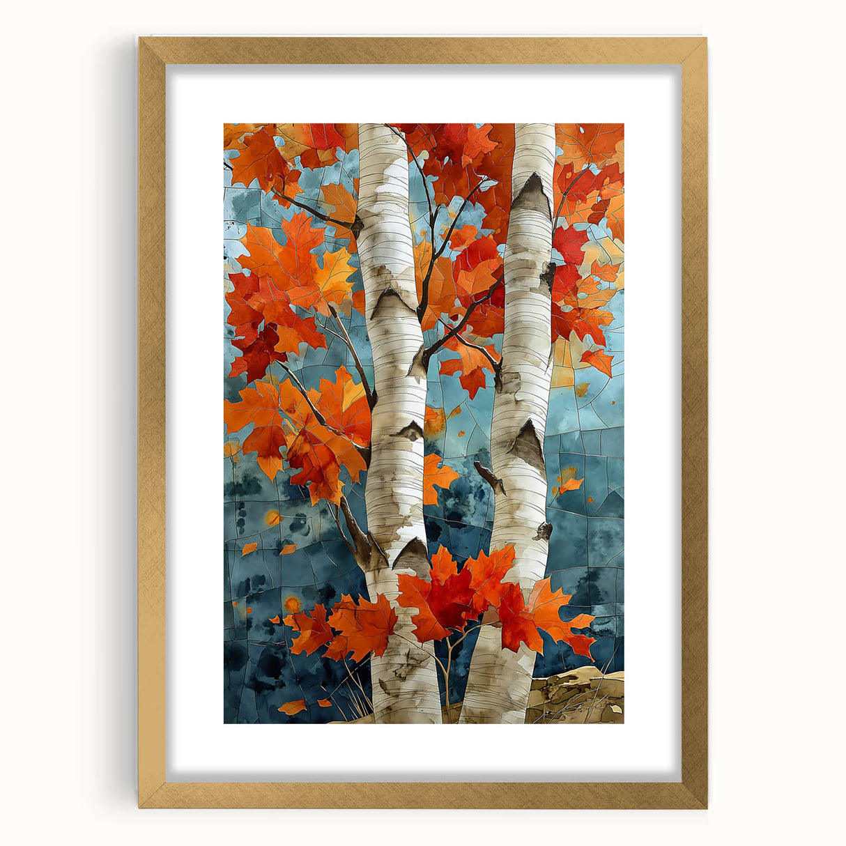 Extra large textured abstract art print of Aspen, Colorado in gold frame, featuring muted earth tones.