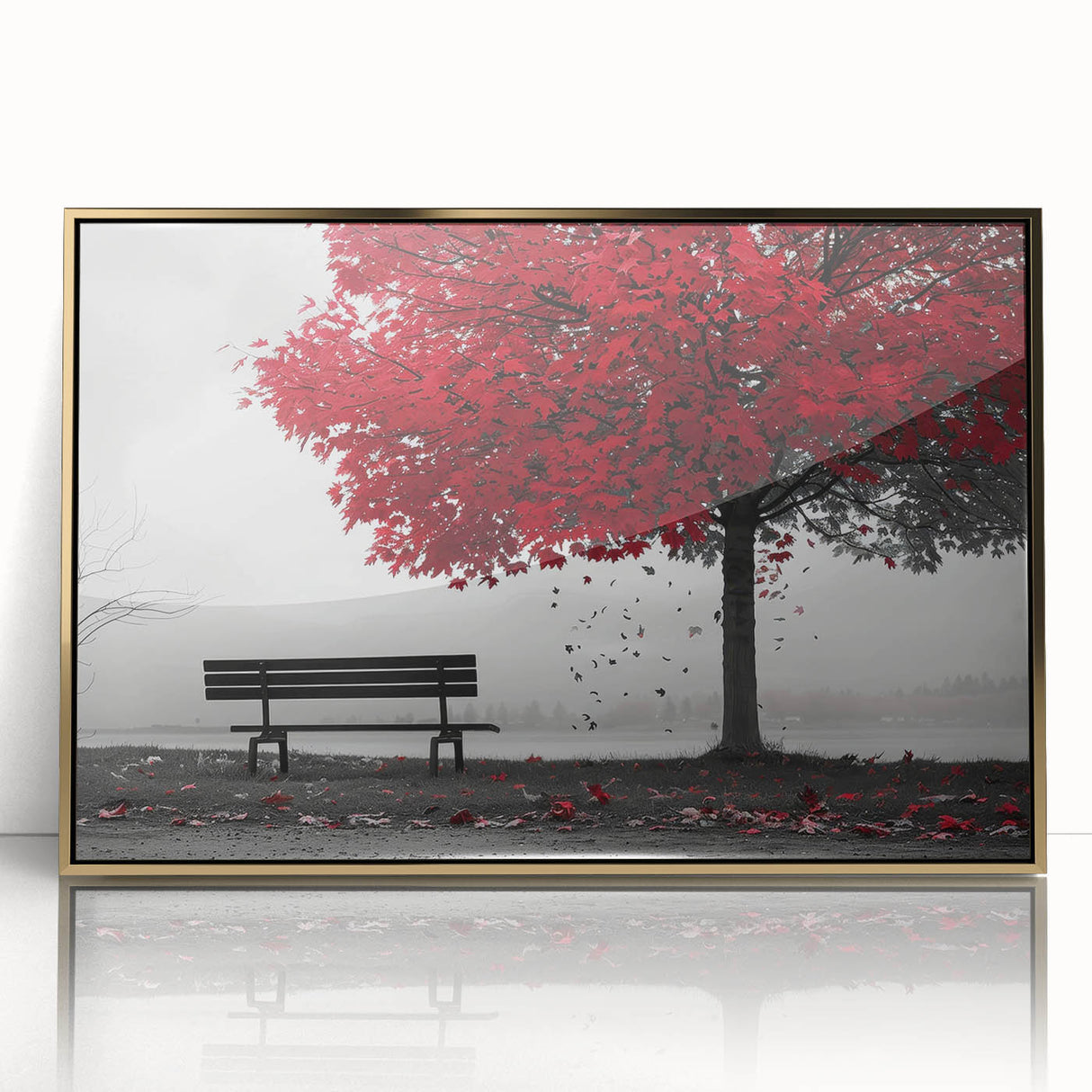 Framed acrylic print of a Denver, Colorado scenery in mid-century modernist style, with golden hues.