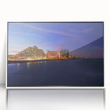 Art deco poster of Daytona scenery in muted blue and peach tones on framed acrylic, suitable for modern nursery decor.