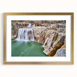 Extra large abstract art print of Idaho scenery in textured style, featuring earth tones, framed in gold.