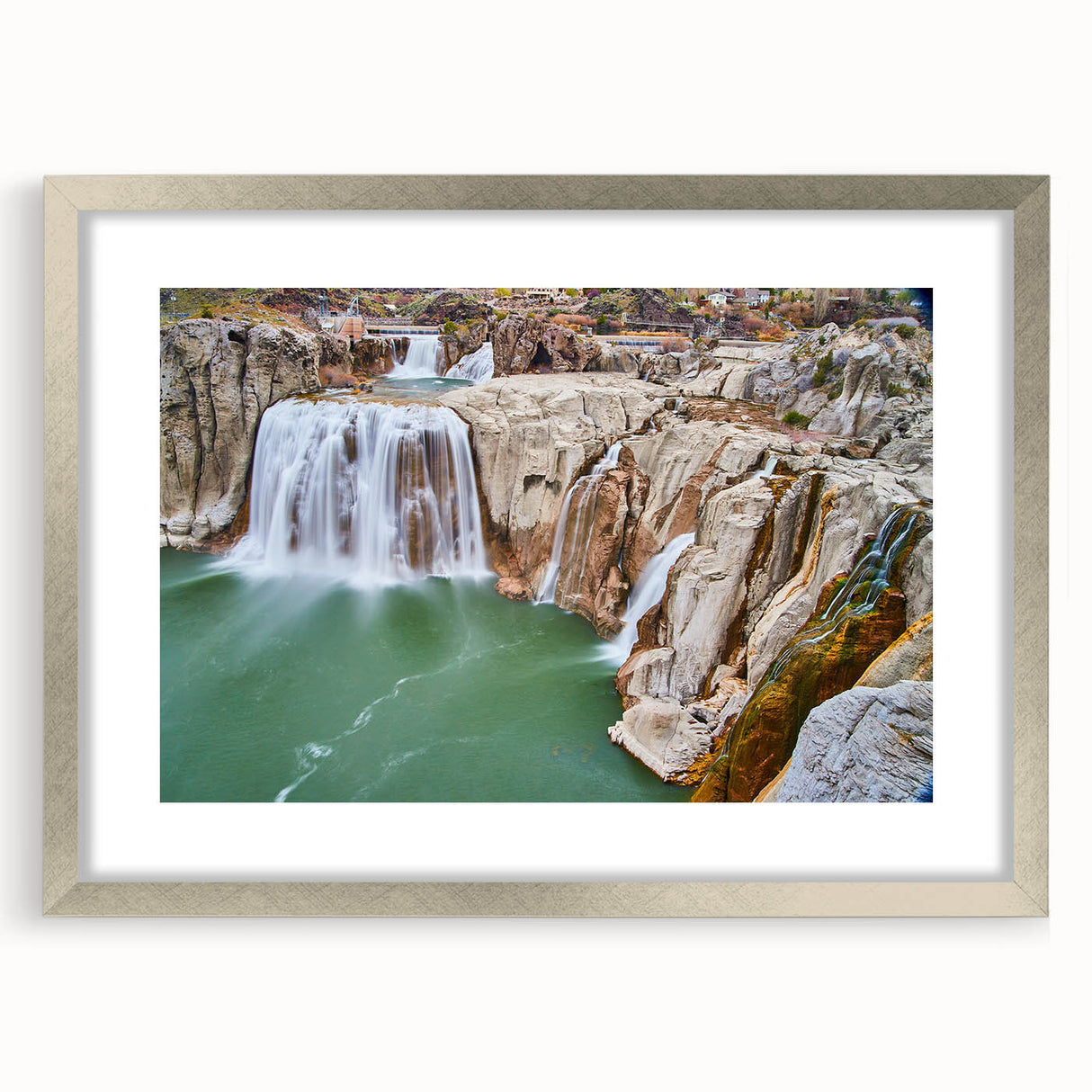 Textured abstract art print of Idaho scenery in muted earth tones, framed with a silver mat, ideal for bedroom art.