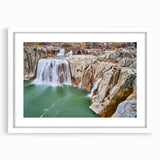Abstract art print of Idaho scenery in muted earth tones on a white matted frame, suitable for dining room decor.