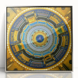 Mid-century modernist art depicting an Iowa landscape in muted earth tones on a silver-framed acrylic print.