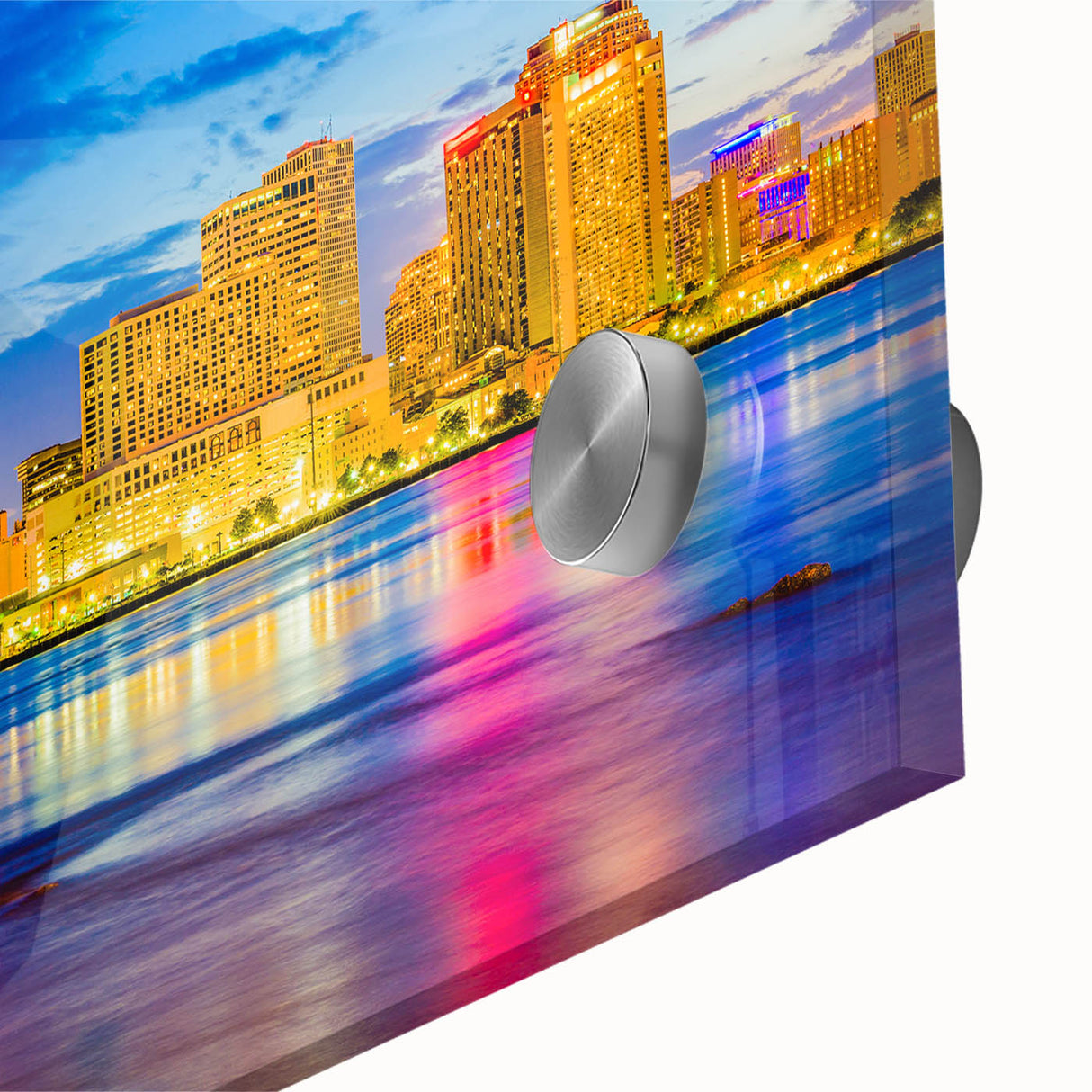 Large abstract depiction of New Orleans scenery in mid-century modernist style on acrylic glass, ideal for dining room art.