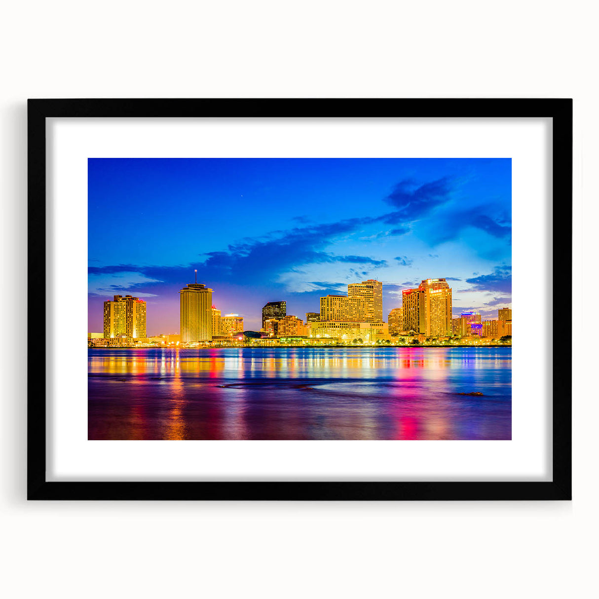 Abstract art print of a colorful New Orleans scene in vibrant hues on a large framed canvas, ideal for living room decor.