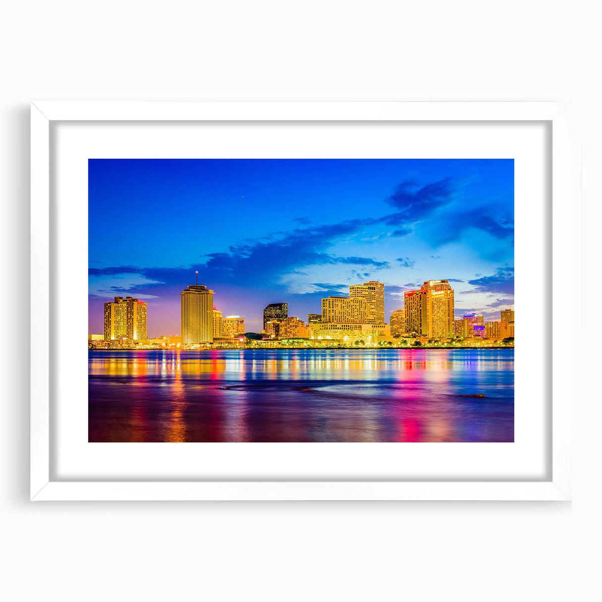 Abstract art print of New Orleans with vibrant blue and gold tones on a white framed canvas, ideal for dining room decor.