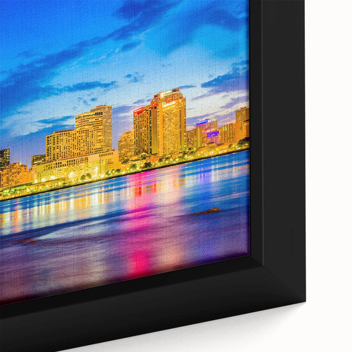 Extra large framed canvas featuring a textured depiction of New Orleans in vibrant colors on a black background.