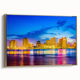 Framed canvas wall art featuring a vintage-style New Orleans landscape in gold and black tones, ideal for bedroom decor.