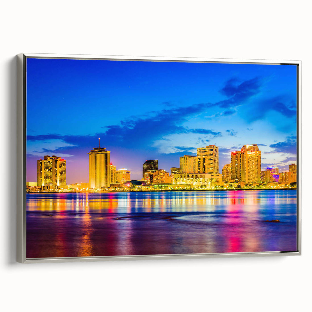 Framed canvas featuring a vintage-style New Orleans landscape with colorful art on a black background.