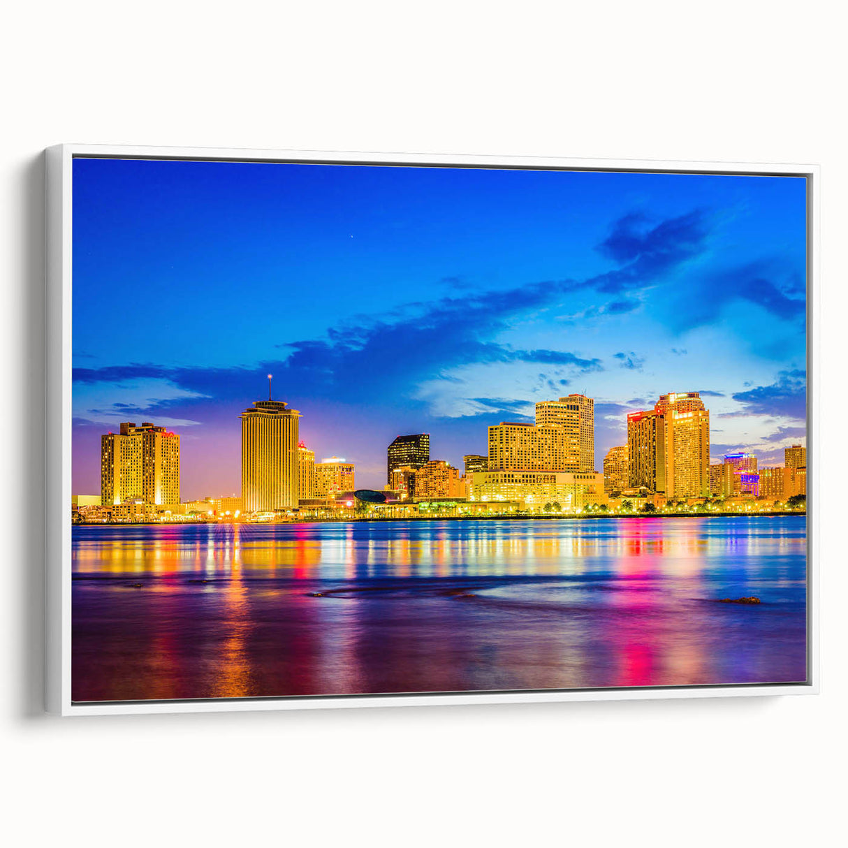 Vintage poster art of New Orleans street scenery in colorful tones on white framed canvas, ideal for living room decor.