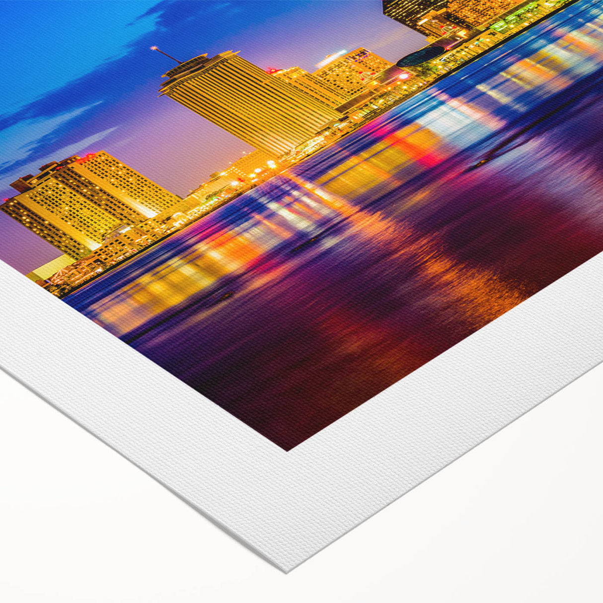 Art deco poster of New Orleans skyline in muted gold and black tones on rolled canvas, suitable for dining room decor.