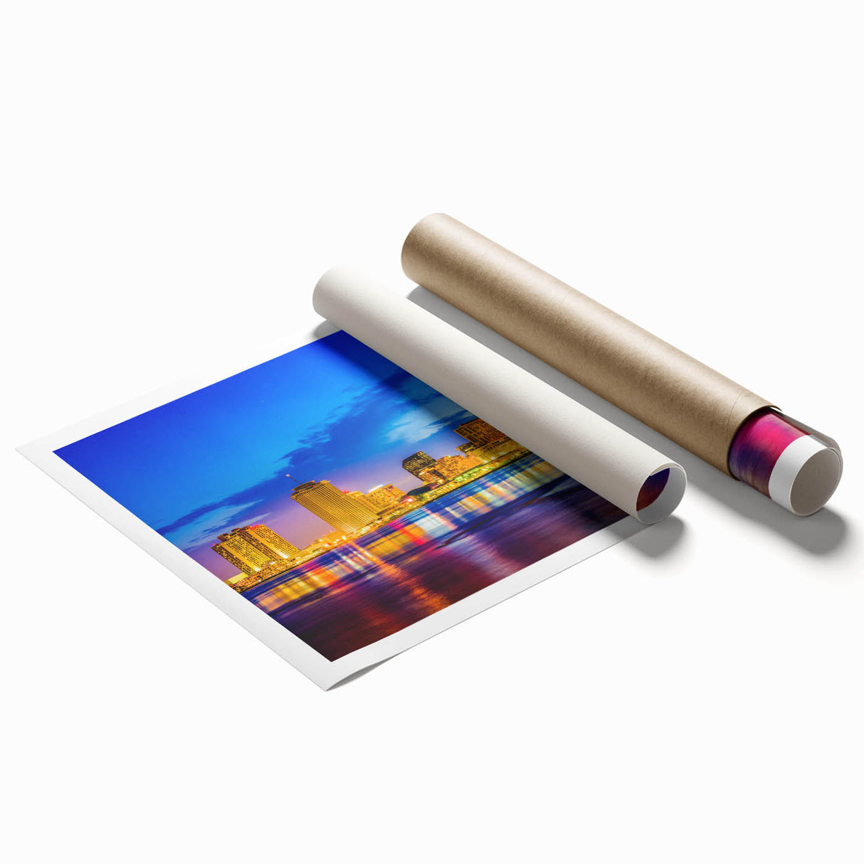 Rolled print of New Orleans scenery featuring floral elements in soft color tones, ideal for classy bathroom wall art.