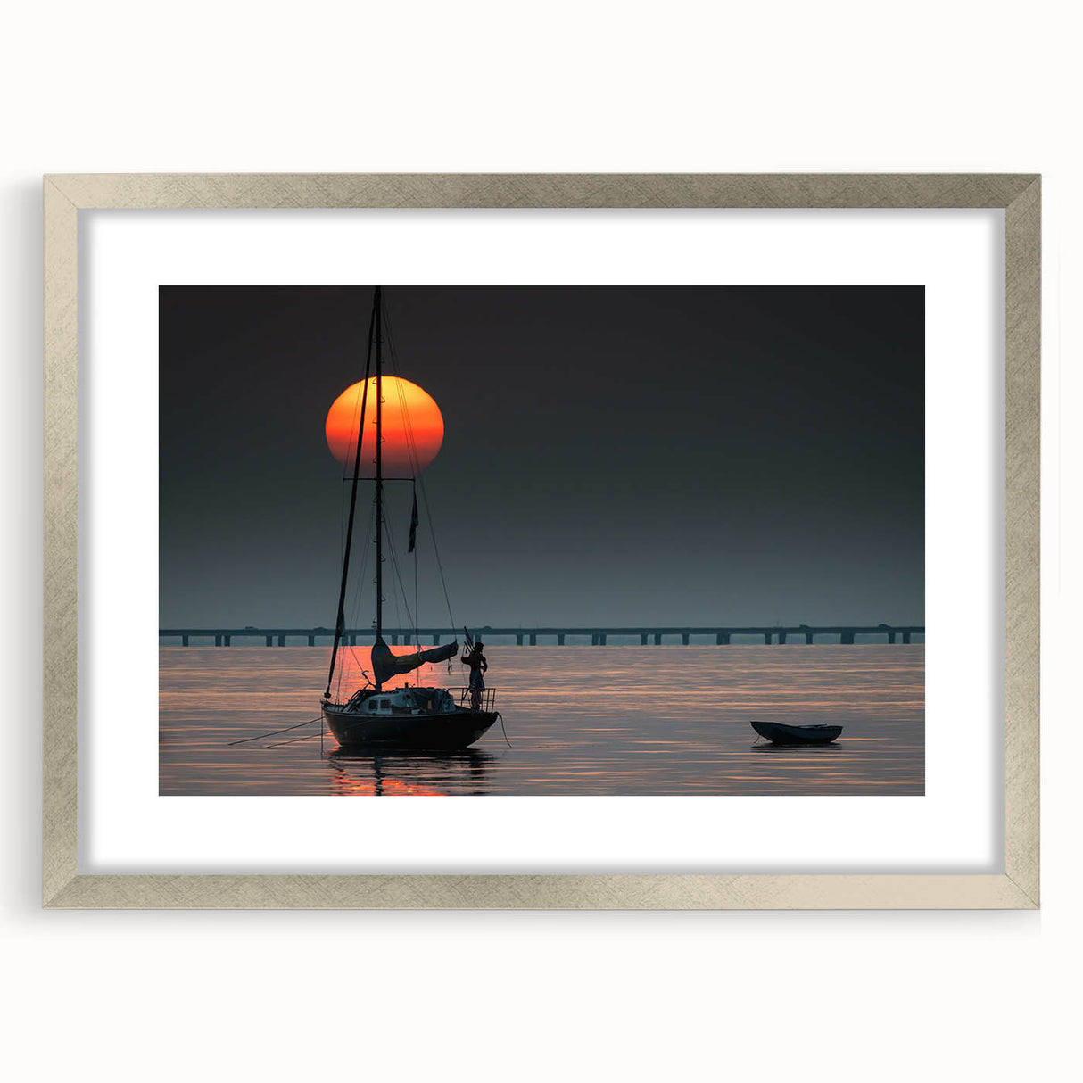 Textured abstract art print of Louisiana scenery in muted earth tones on a framed silver mat, suitable for bedroom decor.