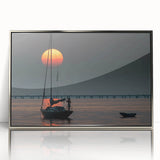 Mid-century modernist art depicting a Louisiana landscape in pastel blues and greens on a silver-framed acrylic print.