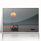 Art Deco-style poster of Louisiana scenery in muted blues and greens, acrylic print framed in white.