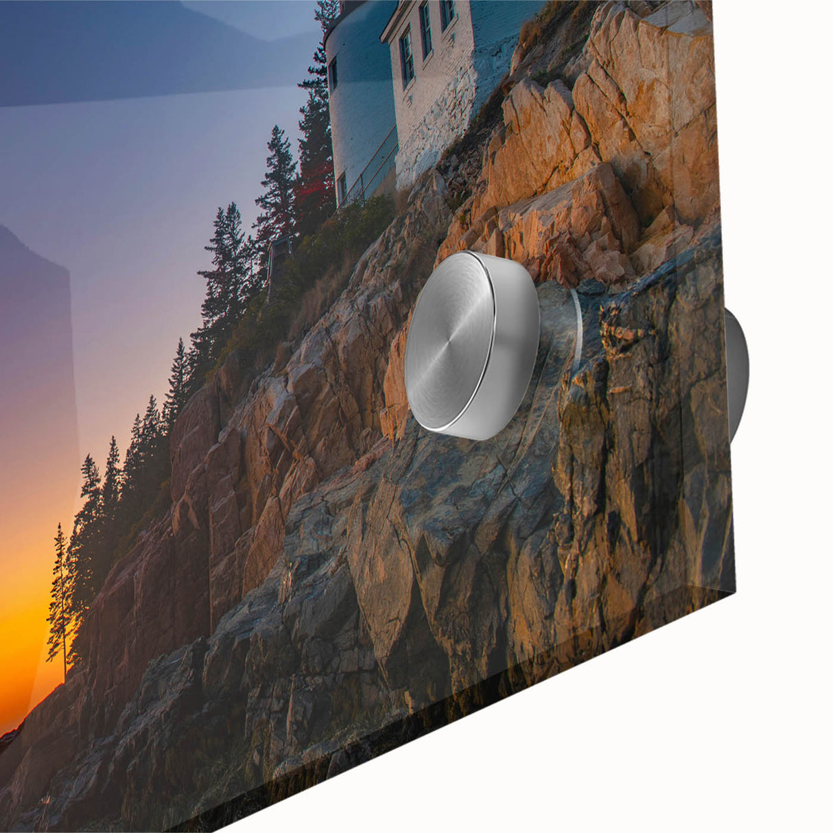 Acrylic print of Acadia, Maine, featuring large abstract elements in mid-century modernist style, ideal for dining room art.