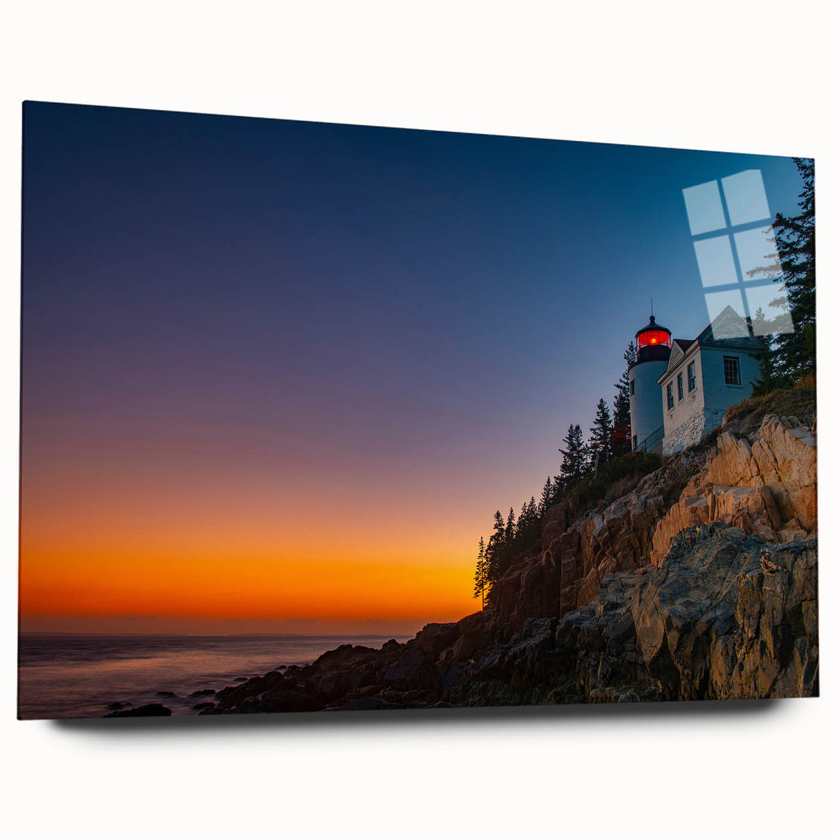 Acrylic print of Acadia National Park with vivid blue and green tones, ideal for bedroom or dining room art.