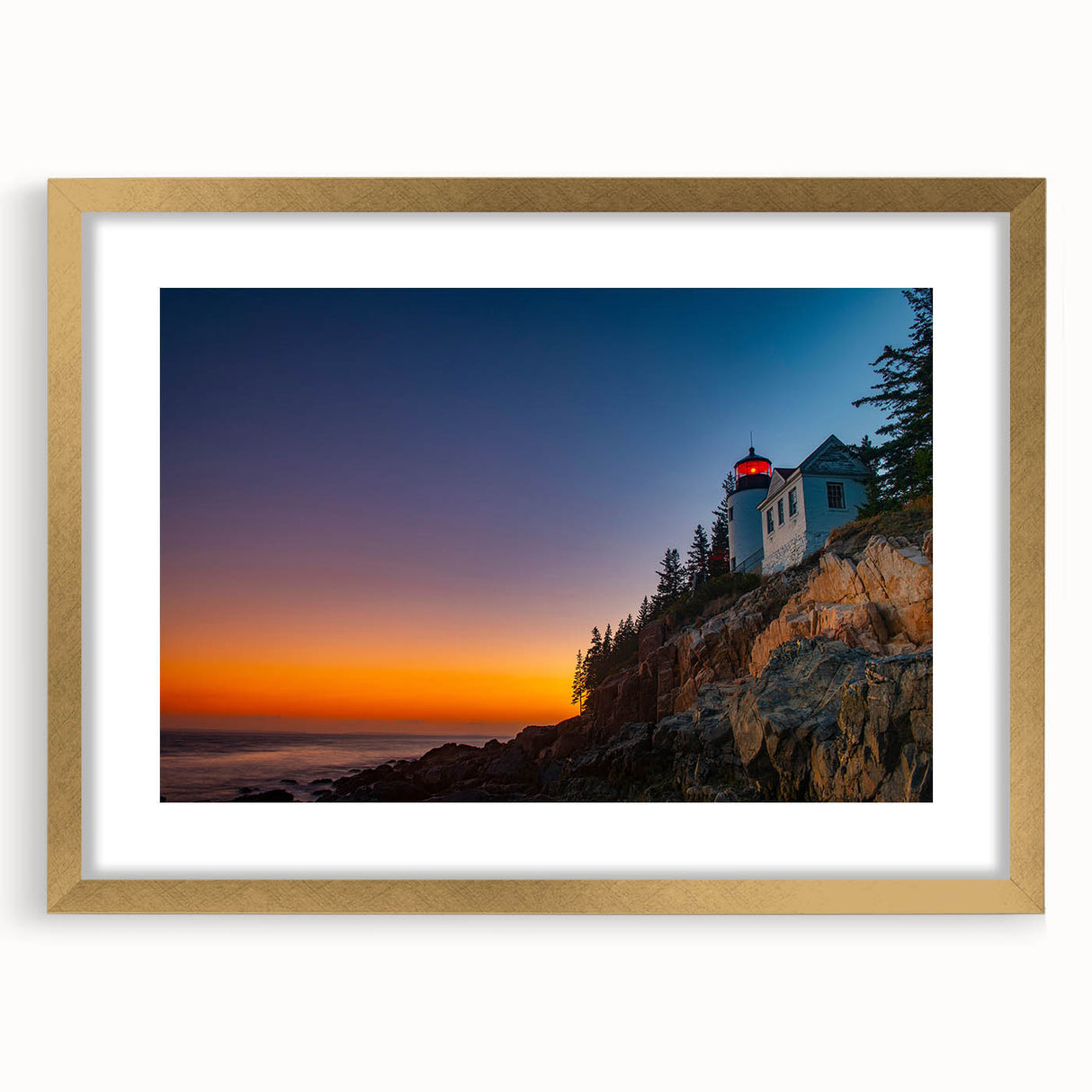 Extra large wall art of Acadia, Maine, with textured abstract print in gold frame, ideal for living room decor.