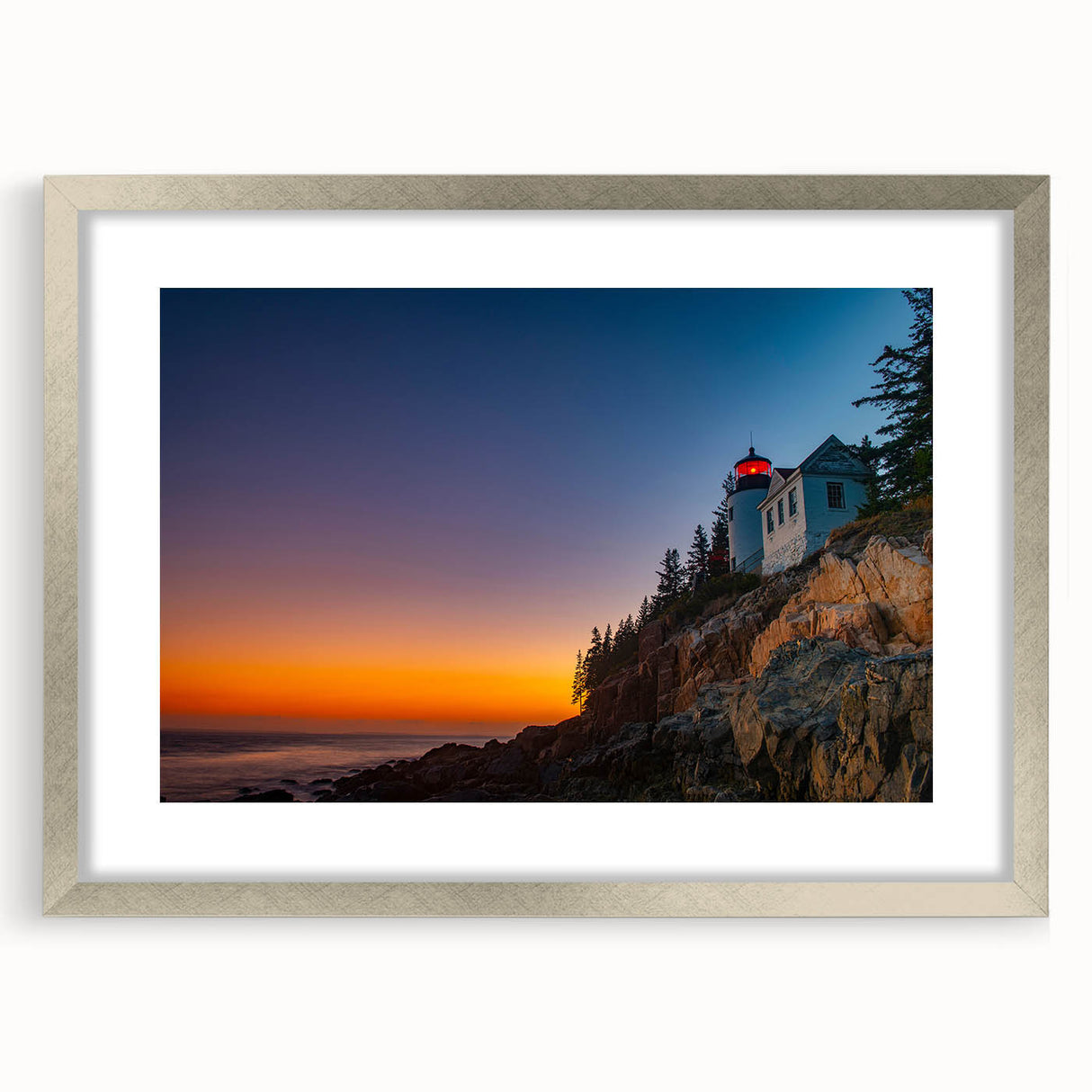 Textured art print of Acadia, Maine, with abstract designs in muted earth tones, framed in silver, ideal for bedroom art.