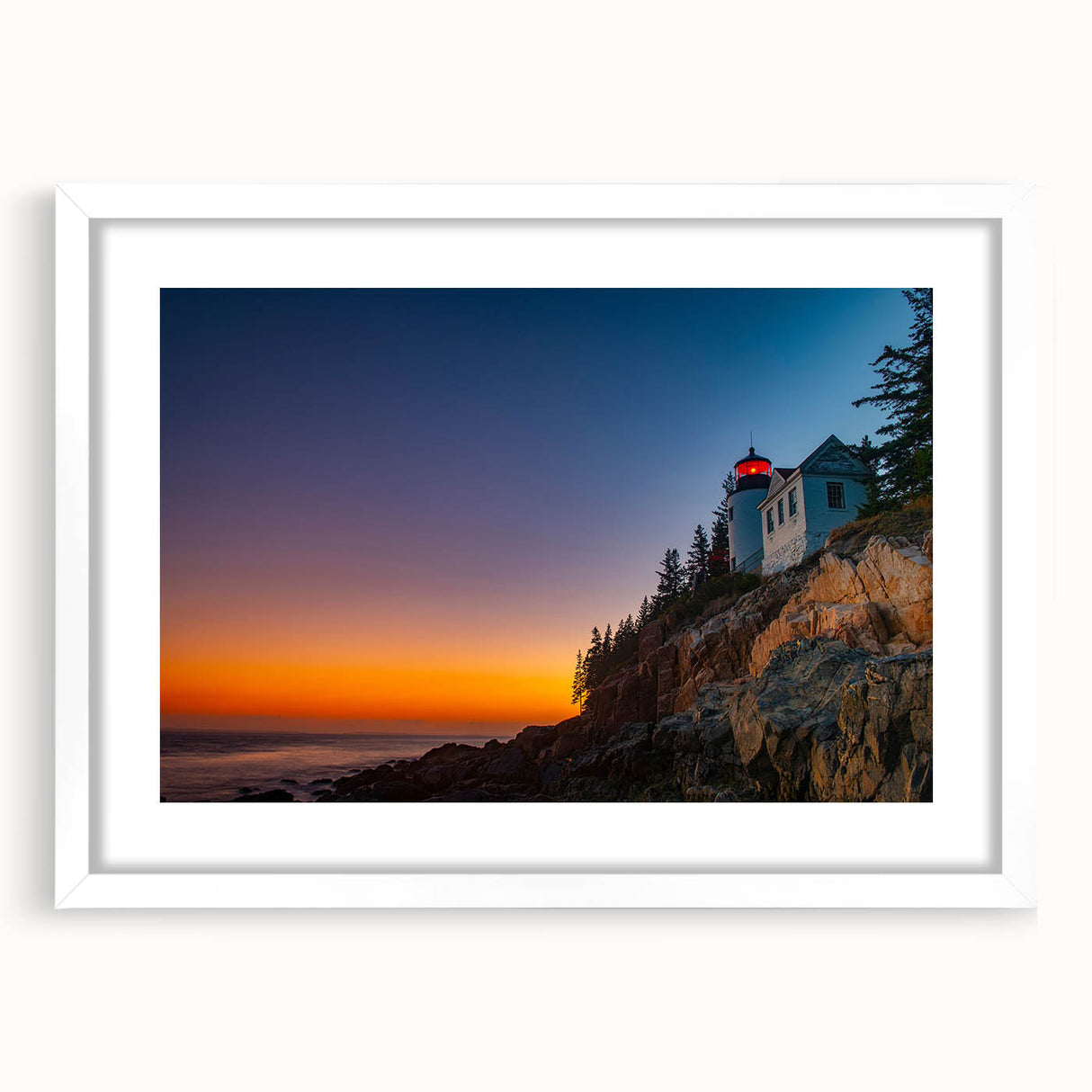 Abstract art print of Acadia, Maine in muted blue and green tones on a framed white mat.
