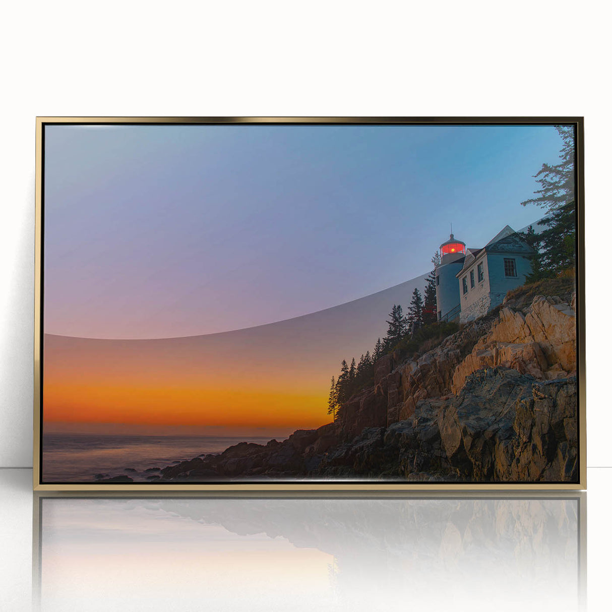 Acadia National Park scenery depicted in mid-century modernist style on a large framed acrylic print, using earthy tones.