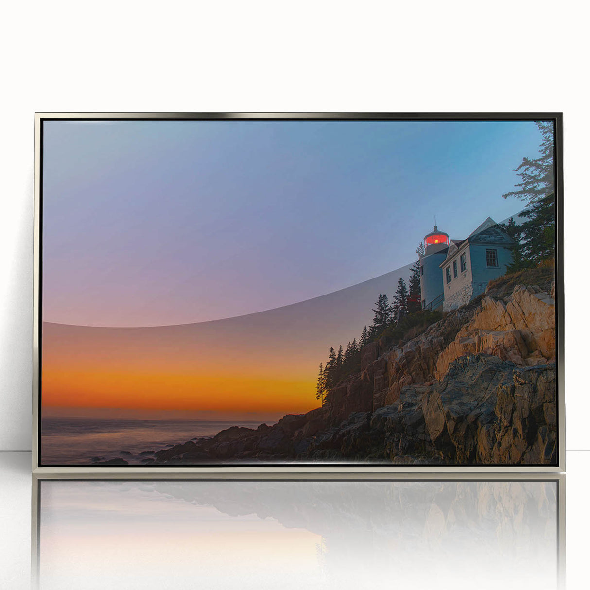Mid-century modernist art depicting Acadia's scenery in Maine on a silver-framed acrylic print.