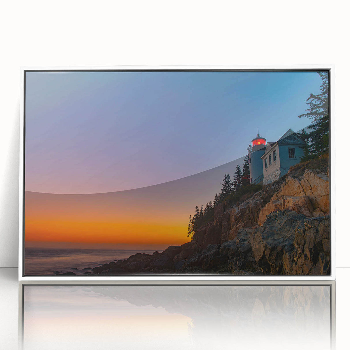 Acadia National Park scenery on white framed acrylic, featuring muted green and blue tones, ideal for modern art wall decor.