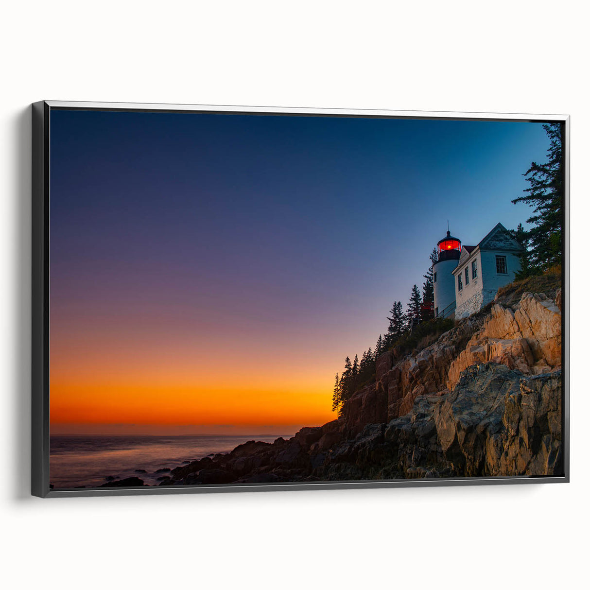 Black and white landscape art painting of Acadia, Maine on a framed canvas, suitable for bedroom decor.